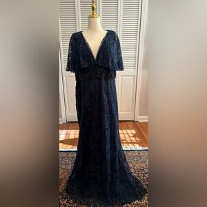 Mac Duggal Navy Lace Dress with Beaded Detail